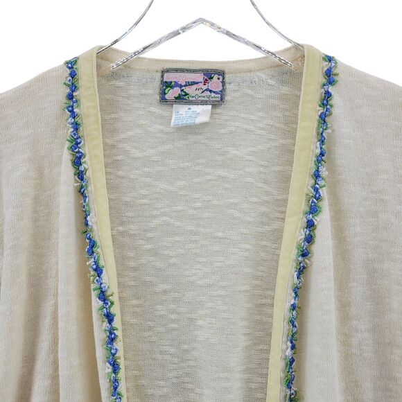 April Cornell Linen Blend Cardigan Sweater Floral And Velvet Trim Medium Ivory - Picture 2 of 7